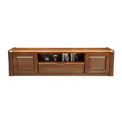 Support multimédia TV traditionnel en bois d'hévéa, étagère ouverte, console avec tiroirs