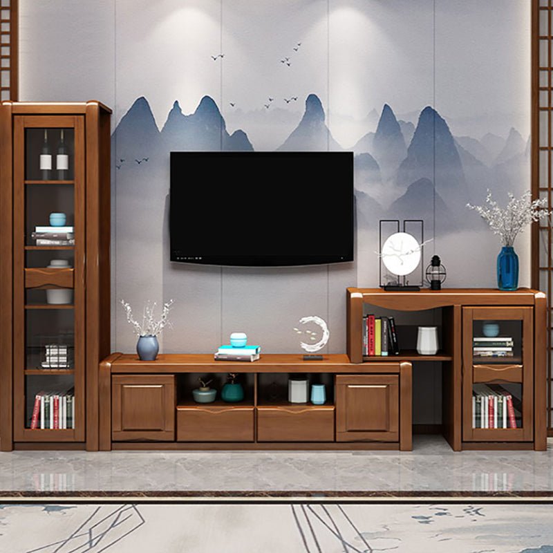 Support multimédia TV traditionnel en bois d'hévéa, étagère ouverte, console avec tiroirs