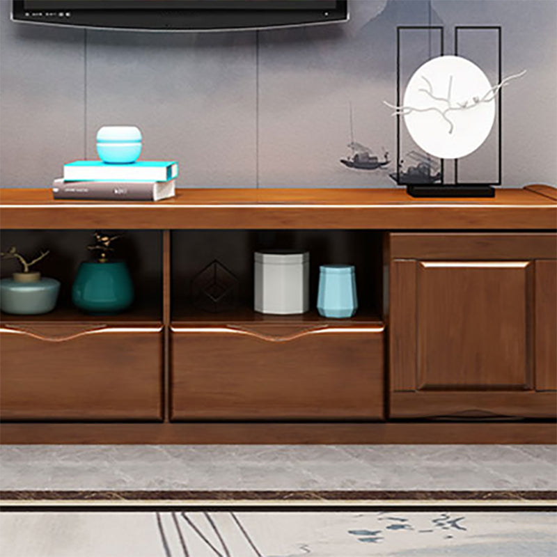 Support multimédia TV traditionnel en bois d'hévéa, étagère ouverte, console avec tiroirs