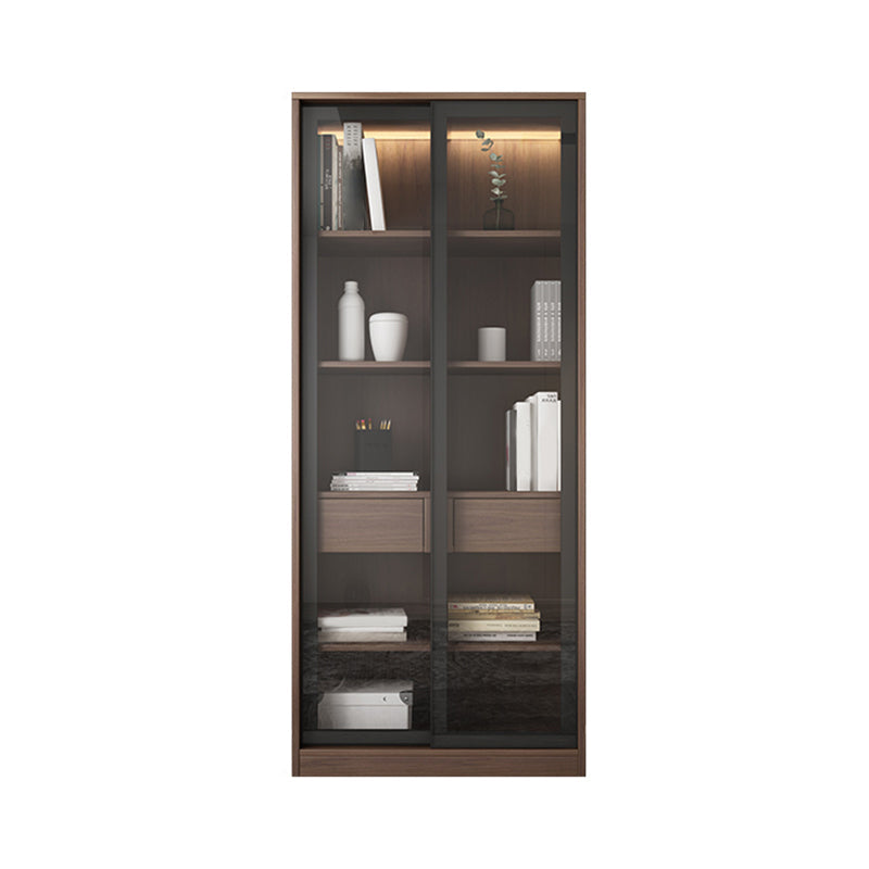 Faux Wood Modern Storage Cabinet Sliding Doors Display Cabinet with 2 Drawers 31"L x 16"W x 79"H Walnut Clearhalo 'Display & China Cabinets' 'display_china_cabinets' 'furn' 'furn_display_china_cabinets' 'Furniture' 'Kitchen & Dining Furniture' 6401167