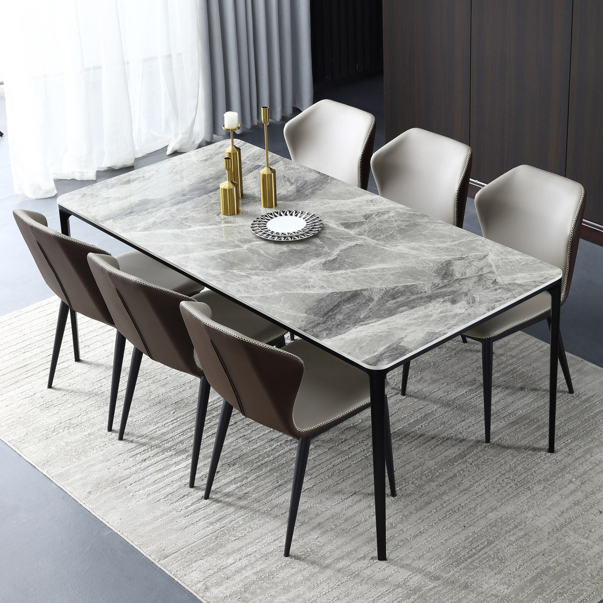 Glossy Gray Stone Dining Table Set 1/4/5/7 Pieces Modern Dinette Set for Kitchen