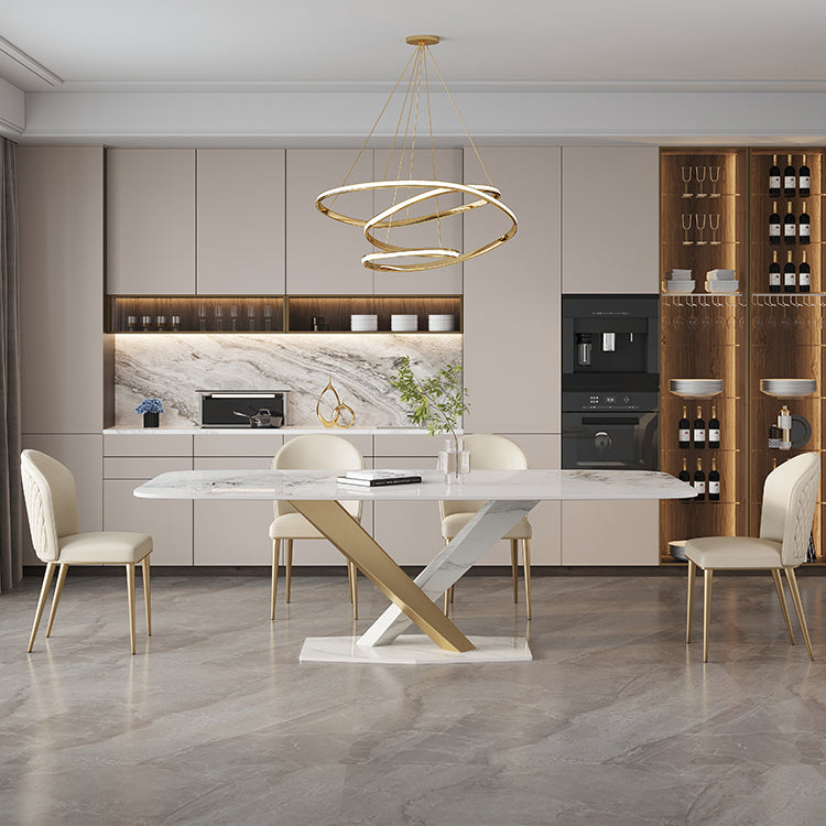 Stone Dining Table Set 1/4/5/7 Pcs Glam Rectangle Dining Table and Upholstered Chairs