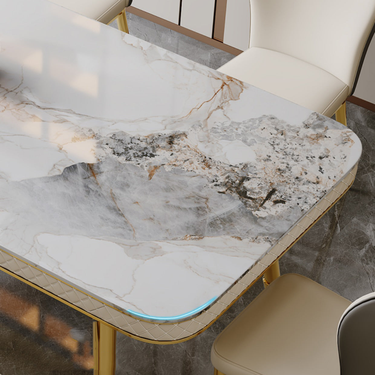 グラムダイニングテーブルセット1/5 PCS布張りのサイドチェア付き長方形のダイニングテーブル