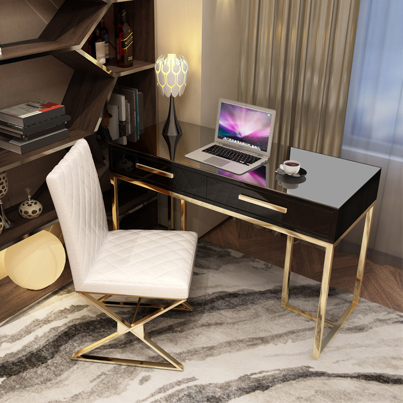 Black and White Writing Desk Stainless Steel and Artificial Wood Office Desk with Drawers 55"L x 20"W x 30"H Black Clearhalo 'furn' 'furn_office_desk' 'Furniture' 'Office Desks' 'Office Furniture' 'office_desk' 6403870