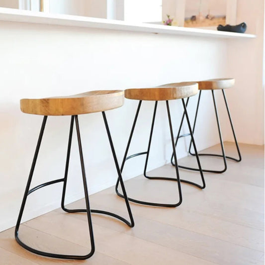 Modern Armless Backless Counter Stool Iron Bar Stool with Wooden Seat for Bar
