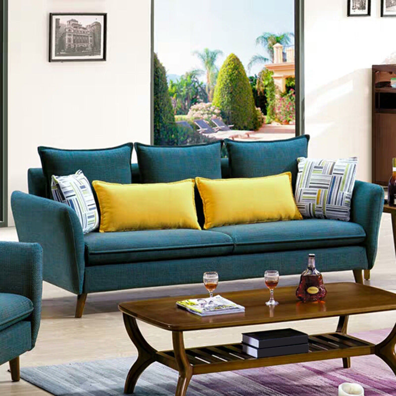 Sofá de tela de sofá de brazo acampanado estándar con acento de madera