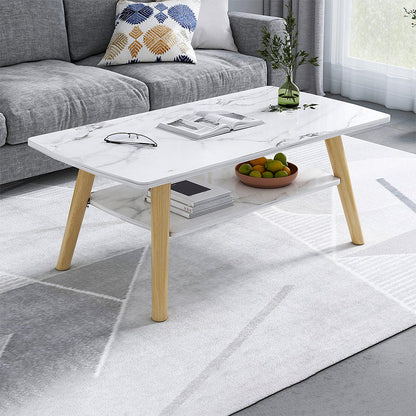 Contemporary Rectangle Wooden Coffee Table with Shelf and 4 Solid Wood Legs