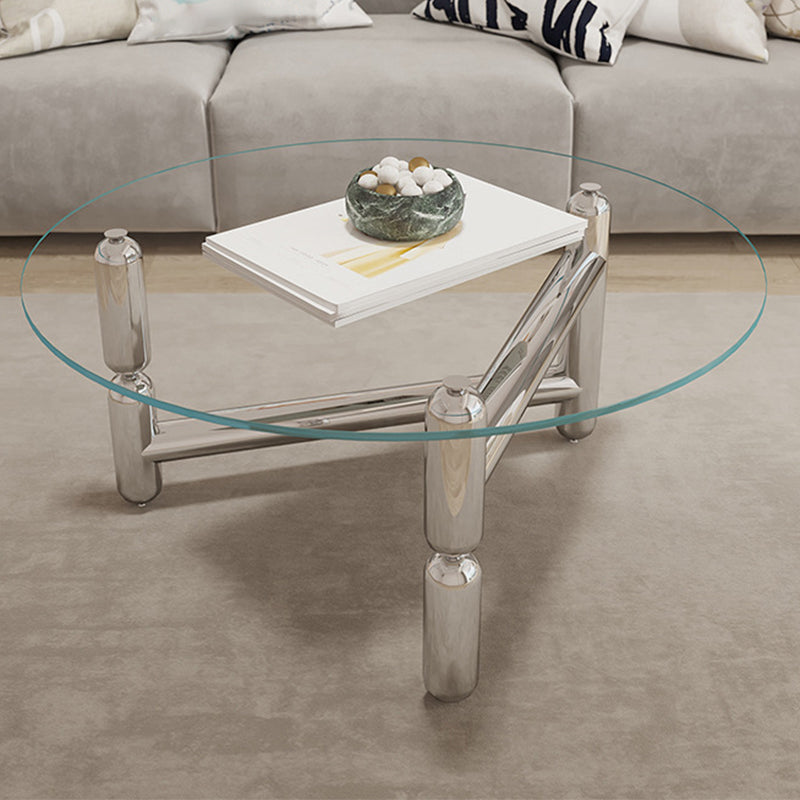 Modern Round Glass Coffee Table Stainless Steel 3 Legs Cocktail Table