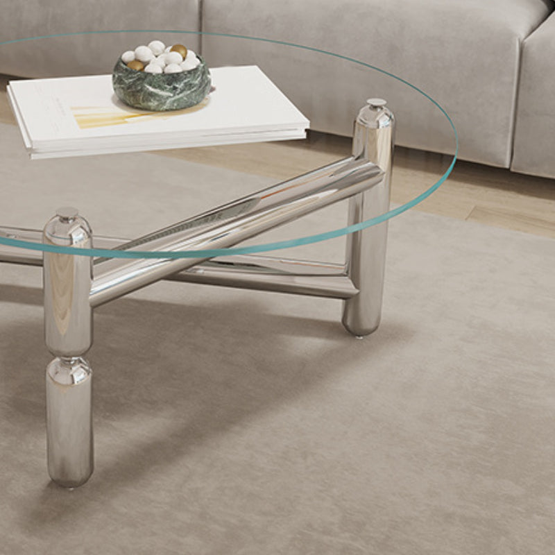 Modern Round Glass Coffee Table Stainless Steel 3 Legs Cocktail Table