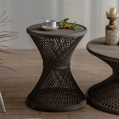 French Country Round Rattan Coffee Table Distressed Brown Cocktail Table