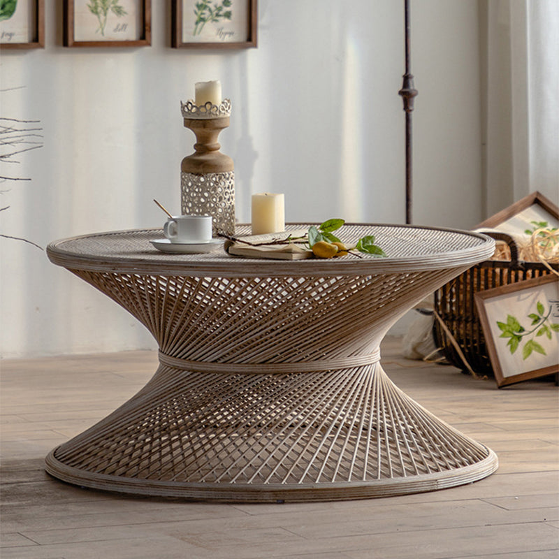 French Country Round Rattan Coffee Table Distressed Brown Cocktail Table