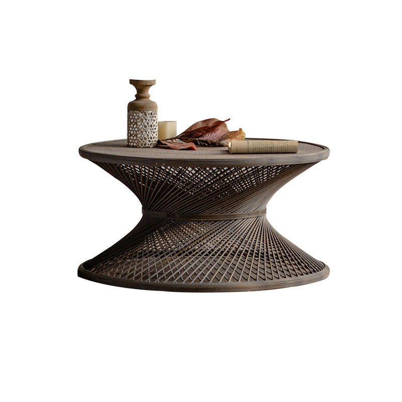 French Country Round Rattan Coffee Table Distressed Brown Cocktail Table