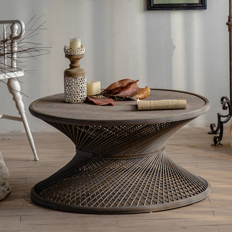French Country Round Rattan Coffee Table Distressed Brown Cocktail Table