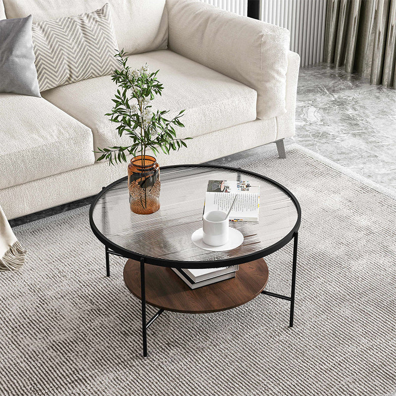 17.7" H Round Glass Top Coffee Table Steel 4 Legs Cocktail Table with Shelf Walnut+Black Clearhalo 'Coffee & Accent Tables' 'Coffee Tables' 'coffee_tables' 'furn' 'furn_coffee_tables' 'Furniture' 'Living Room Furniture' 6411514
