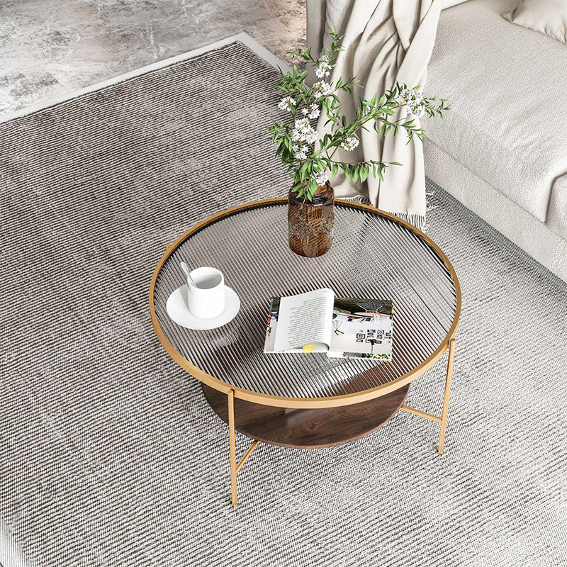 17.7" H Round Glass Top Coffee Table Steel 4 Legs Cocktail Table with Shelf Walnut+Gold Clearhalo 'Coffee & Accent Tables' 'Coffee Tables' 'coffee_tables' 'furn' 'furn_coffee_tables' 'Furniture' 'Living Room Furniture' 6411515