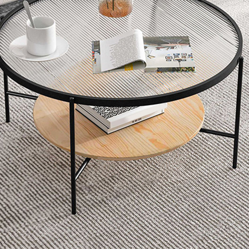 17.7" H Round Glass Top Coffee Table Steel 4 Legs Cocktail Table with Shelf Clearhalo 'Coffee & Accent Tables' 'Coffee Tables' 'coffee_tables' 'furn' 'furn_coffee_tables' 'Furniture' 'Living Room Furniture' 6411521