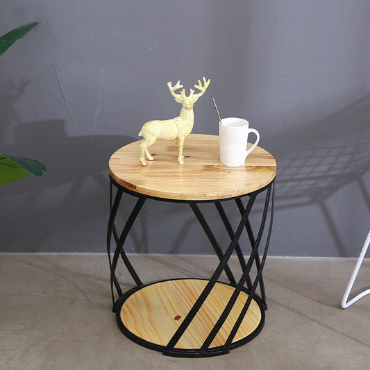 Drum End Table with Storage Solid Wood Round Top and Metal Base Clearhalo 'Coffee & Accent Tables' 'End & Side Tables' 'end_side_tables' 'furn' 'furn_end_side_tables' 'Furniture' 'Living Room Furniture' 6411573