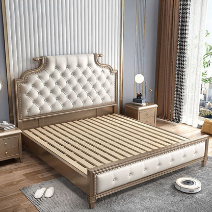 Contemporary Standard Bed Solid Wood Bed Frame with Upholstered Headboard Panel Single Bed Clearhalo 'Bedroom Furniture' 'Beds' 'furn' 'furn_beds' 'Furniture' 6411795