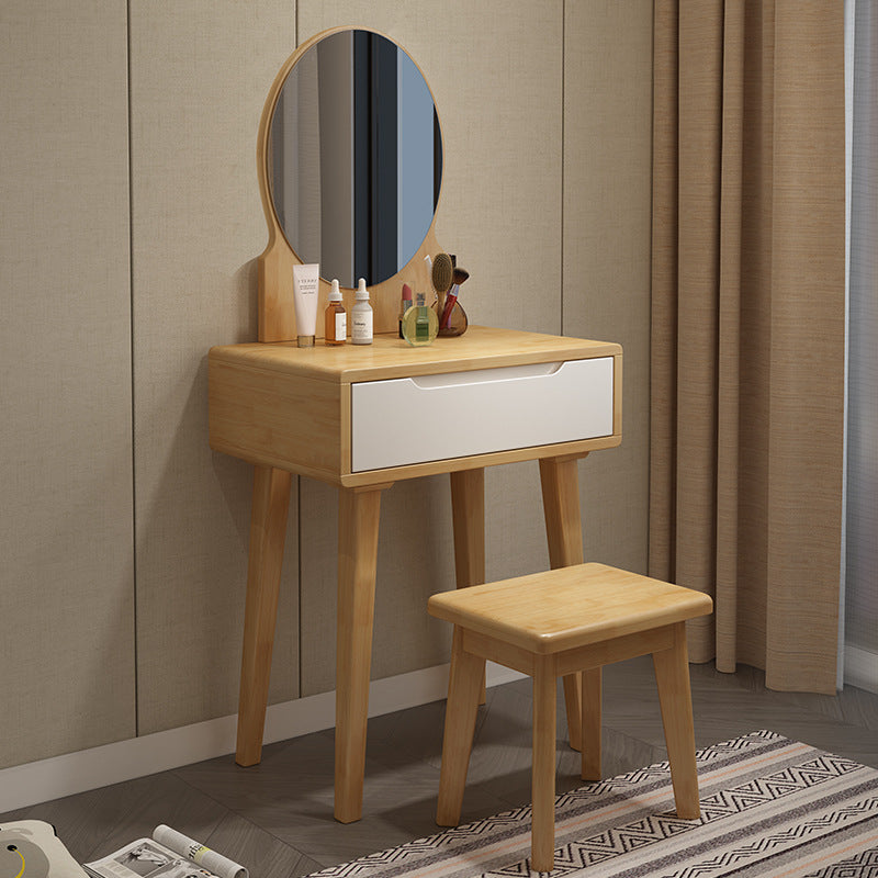 Scandinavian Vanity Makeup Table Set Rubberwood Dressing Table Stool Set Makeup Vanity & Mirror & Stools 24"L x 16"W x 30"H Natural Wood White Clearhalo 'Bedroom Furniture' 'furn' 'furn_makeup_vanities' 'Furniture' 'Makeup Vanities' 'makeup_vanities' 6412119