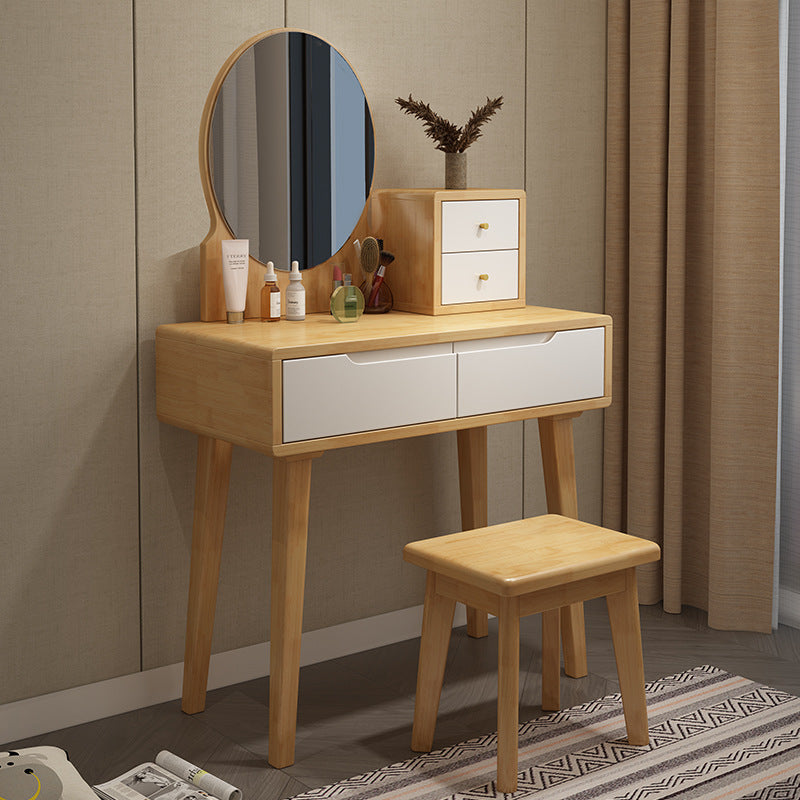 Scandinavian Vanity Makeup Table Set Rubberwood Dressing Table Stool Set Makeup Vanity & Mirror & Stools 31"L x 16"W x 30"H Natural Wood White Clearhalo 'Bedroom Furniture' 'furn' 'furn_makeup_vanities' 'Furniture' 'Makeup Vanities' 'makeup_vanities' 6412120