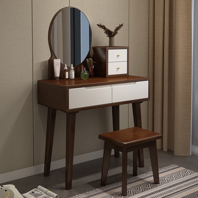 Scandinavian Vanity Makeup Table Set Rubberwood Dressing Table Stool Set Makeup Vanity & Mirror & Stools 31"L x 16"W x 30"H Walnut White Clearhalo 'Bedroom Furniture' 'furn' 'furn_makeup_vanities' 'Furniture' 'Makeup Vanities' 'makeup_vanities' 6412121