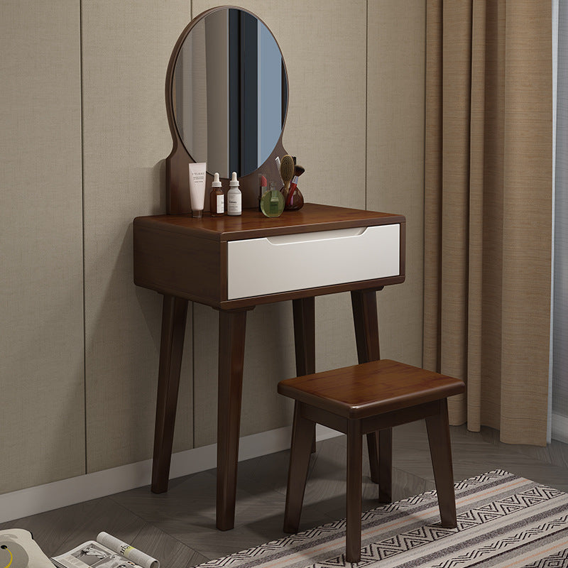 Scandinavian Vanity Makeup Table Set Rubberwood Dressing Table Stool Set Makeup Vanity & Mirror & Stools 24"L x 16"W x 30"H Walnut White Clearhalo 'Bedroom Furniture' 'furn' 'furn_makeup_vanities' 'Furniture' 'Makeup Vanities' 'makeup_vanities' 6412127