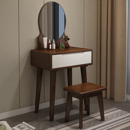 Scandinavian Vanity Makeup Table Set Rubberwood Dressing Table Stool Set Makeup Vanity & Mirror & Stools 24"L x 16"W x 30"H Walnut White Clearhalo 'Bedroom Furniture' 'furn' 'furn_makeup_vanities' 'Furniture' 'Makeup Vanities' 'makeup_vanities' 6412127