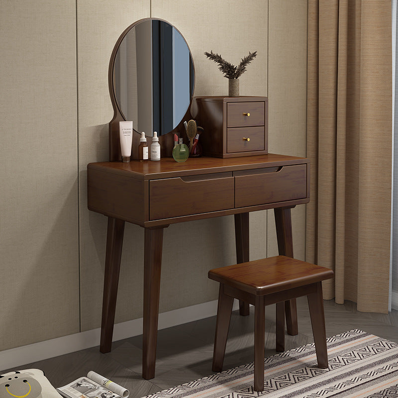 Scandinavian Vanity Makeup Table Set Rubberwood Dressing Table Stool Set Makeup Vanity & Mirror & Stools 31"L x 16"W x 30"H Walnut Clearhalo 'Bedroom Furniture' 'furn' 'furn_makeup_vanities' 'Furniture' 'Makeup Vanities' 'makeup_vanities' 6412128