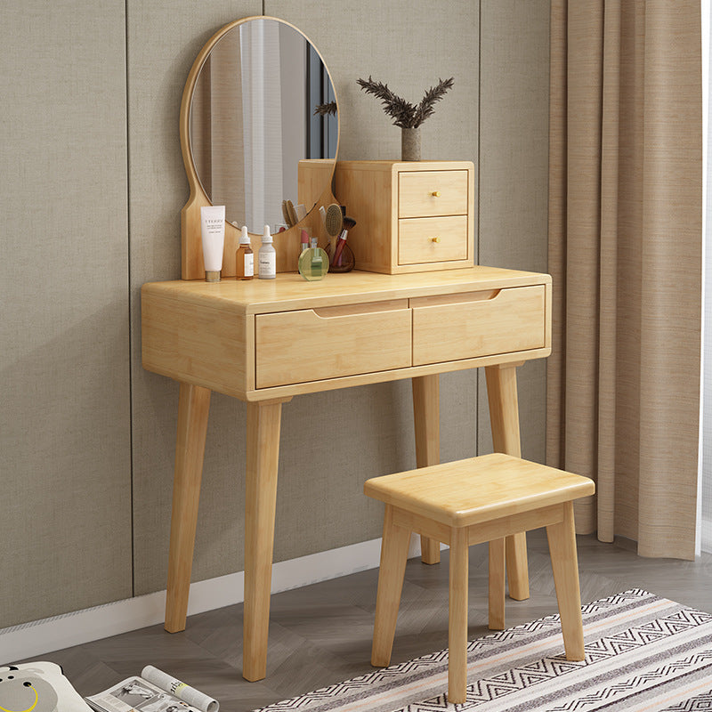 Scandinavian Vanity Makeup Table Set Rubberwood Dressing Table Stool Set Makeup Vanity & Mirror & Stools 31"L x 16"W x 30"H Natural Clearhalo 'Bedroom Furniture' 'furn' 'furn_makeup_vanities' 'Furniture' 'Makeup Vanities' 'makeup_vanities' 6412130