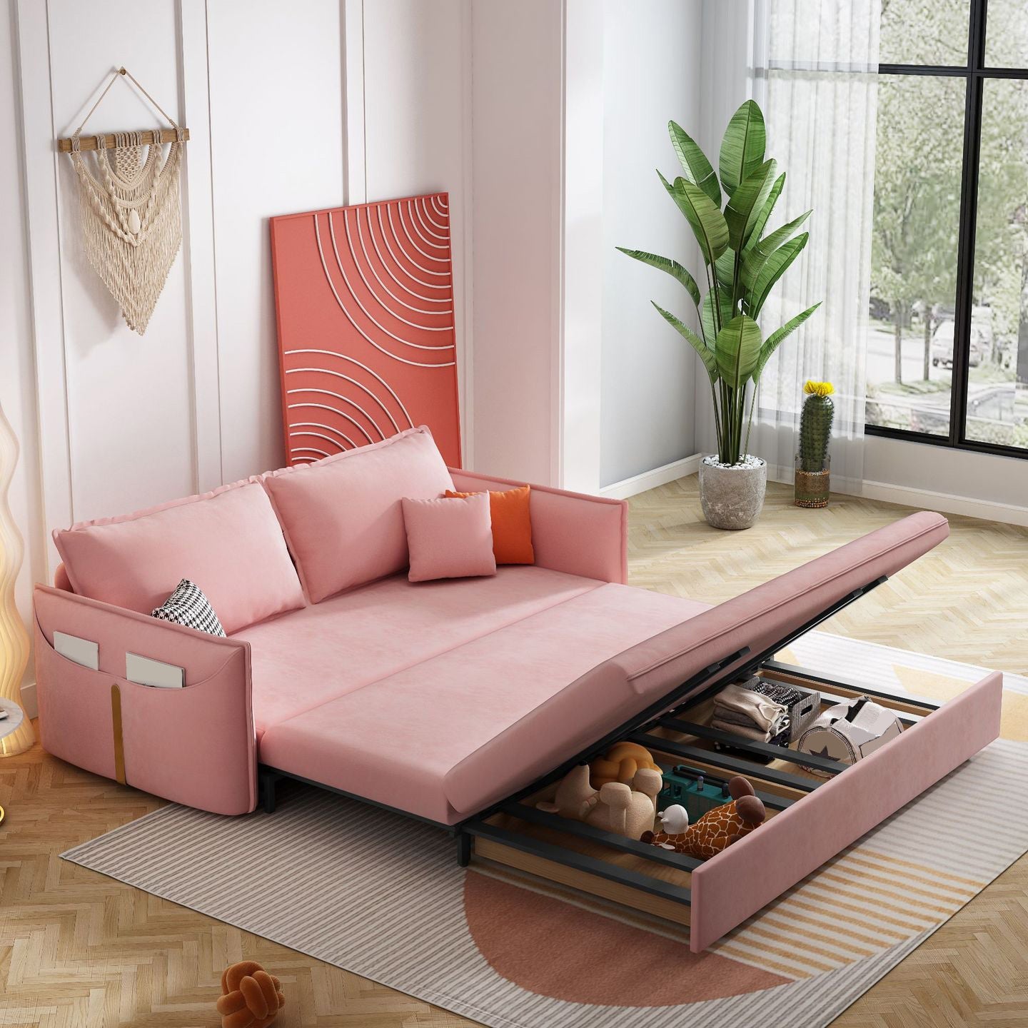 Pink Pillow Back Loveseat Foldable Sleeper Sofa with Storage