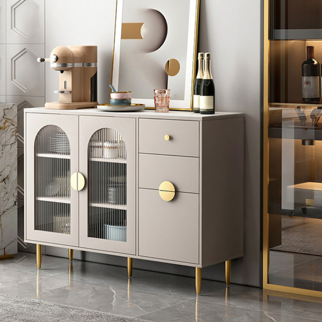 Armario de puertas de vidrio de buffet de aparador moderno con luces LED