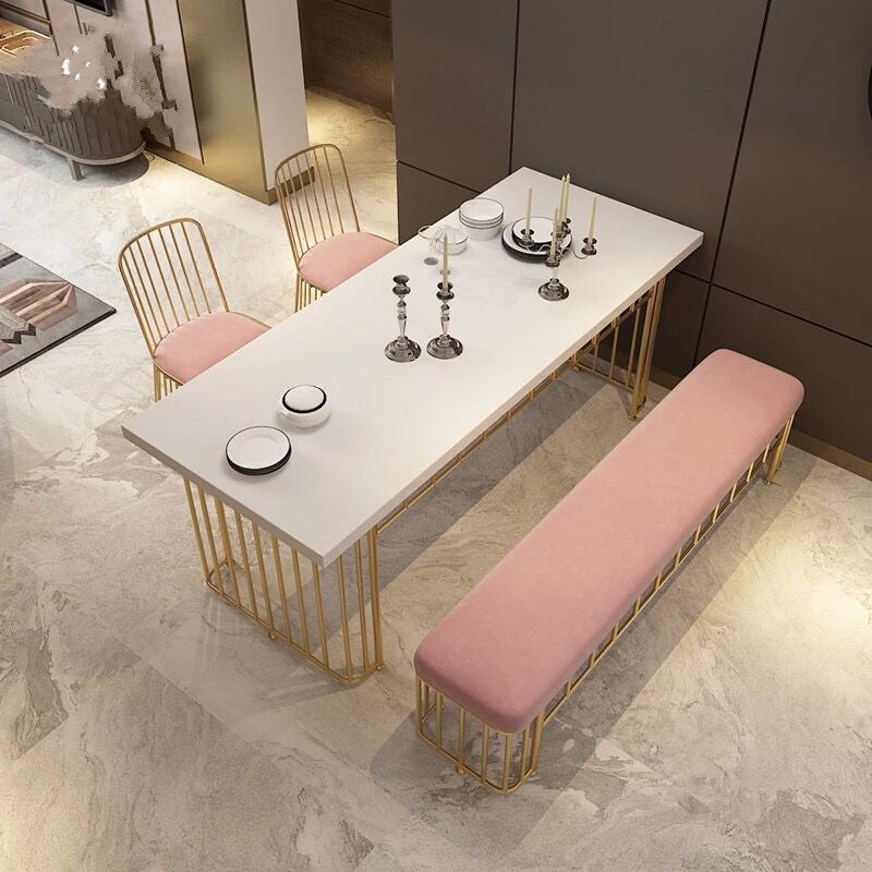 Table à manger rectangulaire à base dorée, Table en bois moderne pour salle à manger