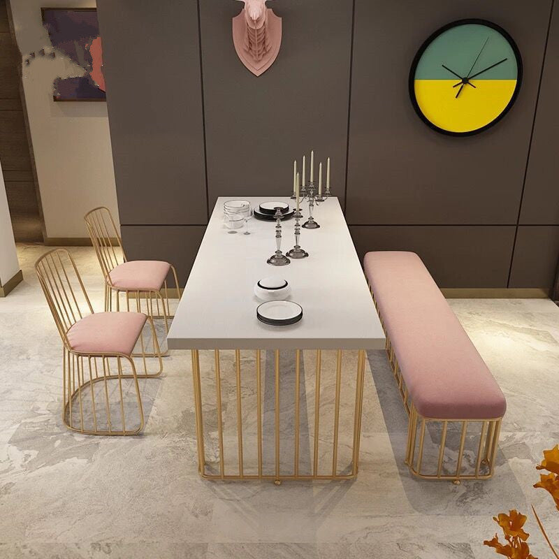 Table à manger rectangulaire à base dorée, Table en bois moderne pour salle à manger