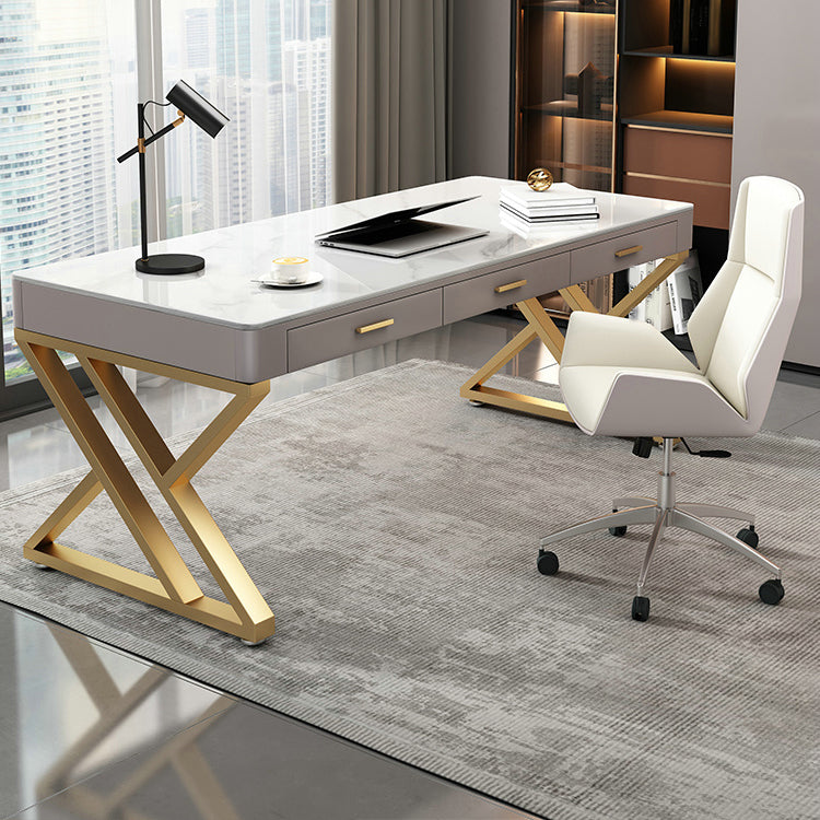 White Glam Writing Desk Rectangular Office Desk with Drawers 63"L x 27.6"W x 29.5"H Clearhalo 'furn' 'furn_office_desk' 'Furniture' 'Office Desks' 'Office Furniture' 'office_desk' 6422740