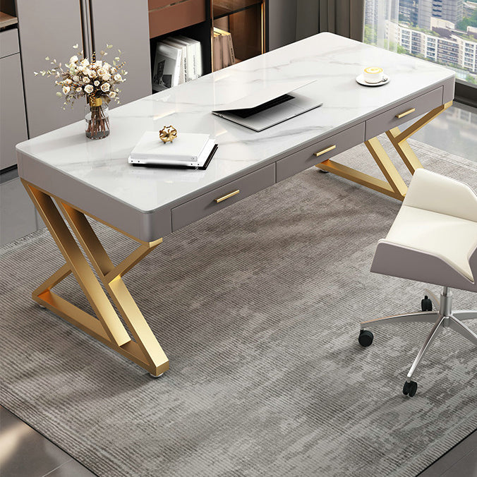 White Glam Writing Desk Rectangular Office Desk with Drawers 55.1"L x 27.6"W x 29.5"H Clearhalo 'furn' 'furn_office_desk' 'Furniture' 'Office Desks' 'Office Furniture' 'office_desk' 6422742