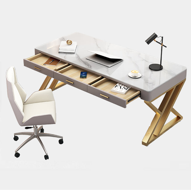 White Glam Writing Desk Rectangular Office Desk with Drawers Clearhalo 'furn' 'furn_office_desk' 'Furniture' 'Office Desks' 'Office Furniture' 'office_desk' 6422747