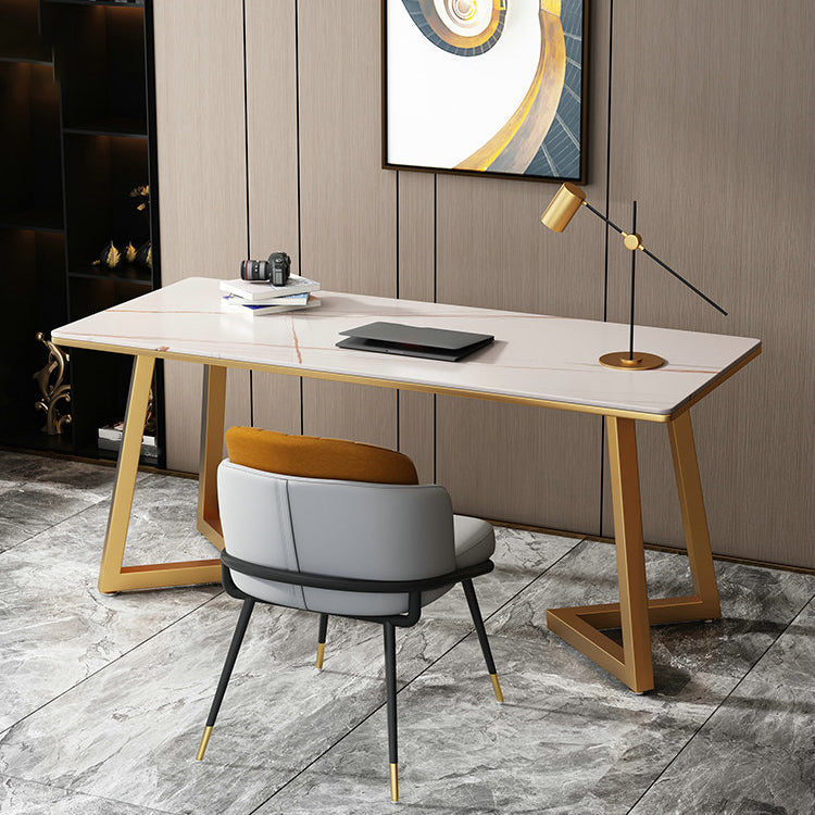 29"H Glam Writing Desk Rectangular Office Desk with Metal Legs 63"L x 31.5"W x 29.5"H White Gold Clearhalo 'furn' 'furn_office_desk' 'Furniture' 'Office Desks' 'Office Furniture' 'office_desk' 6422868