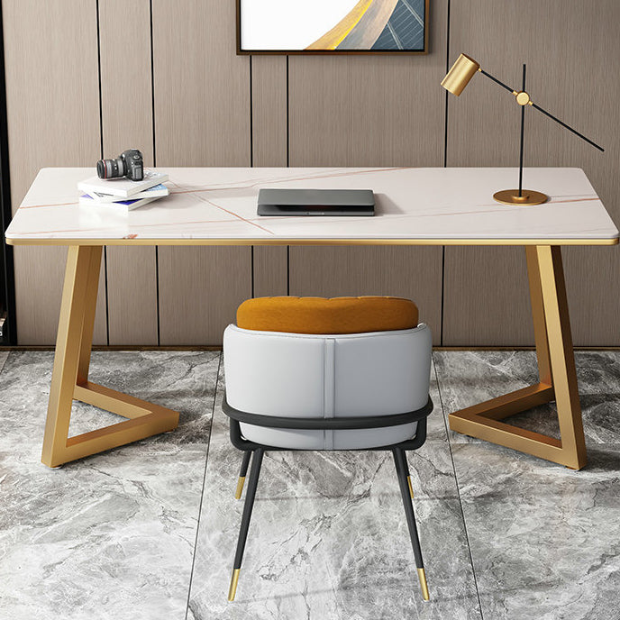 29"H Glam Writing Desk Rectangular Office Desk with Metal Legs 70.9"L x 35.4"W x 29.5"H White Gold Clearhalo 'furn' 'furn_office_desk' 'Furniture' 'Office Desks' 'Office Furniture' 'office_desk' 6422871
