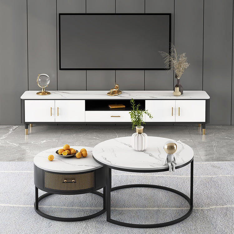 Glam Style TV Stand White Colour Stone TV Console with Open Storage Clearhalo 'furn' 'furn_tv_stands_entertainment_centers' 'Furniture' 'Living Room Furniture' 'TV Stands & Entertainment Centers' 'TV Stands & Media Storage Furniture' 'tv_stands_entertainment_centers' 6426042