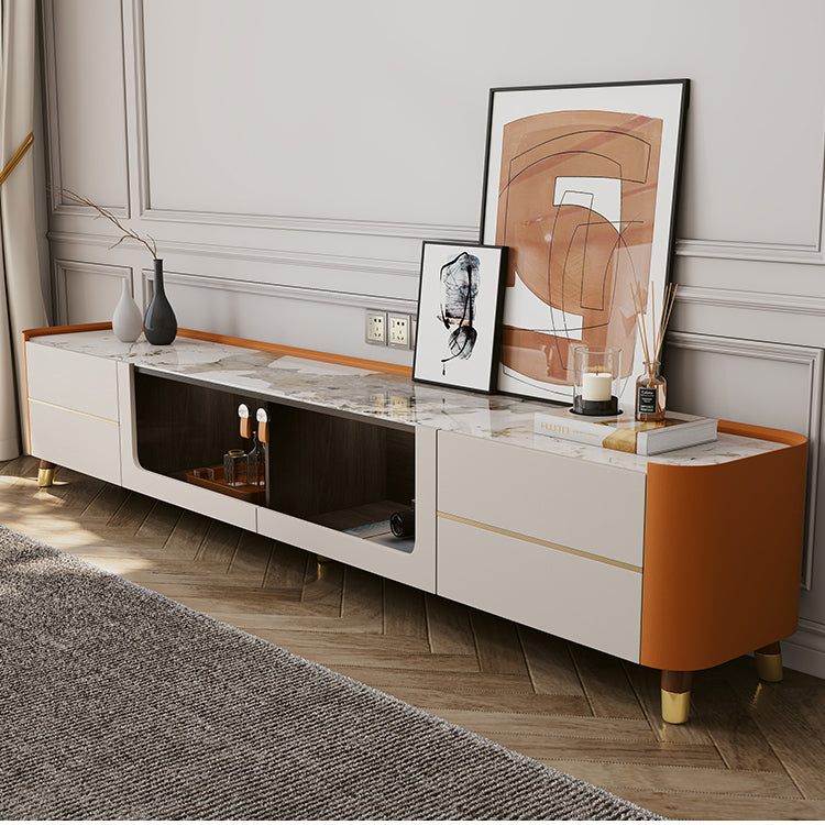 4 Drawers Glam TV Stand Stone Counter Top Enclosed Storage TV Cabinet 79"L x 16"W x 16"H Orange Clearhalo 'furn' 'furn_tv_stands_entertainment_centers' 'Furniture' 'Living Room Furniture' 'TV Stands & Entertainment Centers' 'TV Stands & Media Storage Furniture' 'tv_stands_entertainment_centers' 6426166