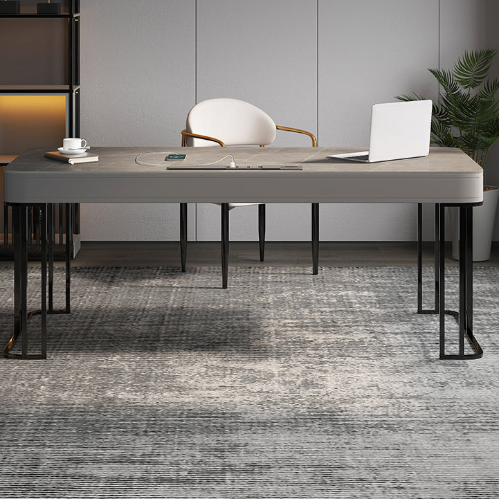 Donkere taupe en zwarte bureausteensteen en roestvrijstalen schrijfbureau met 2 laden