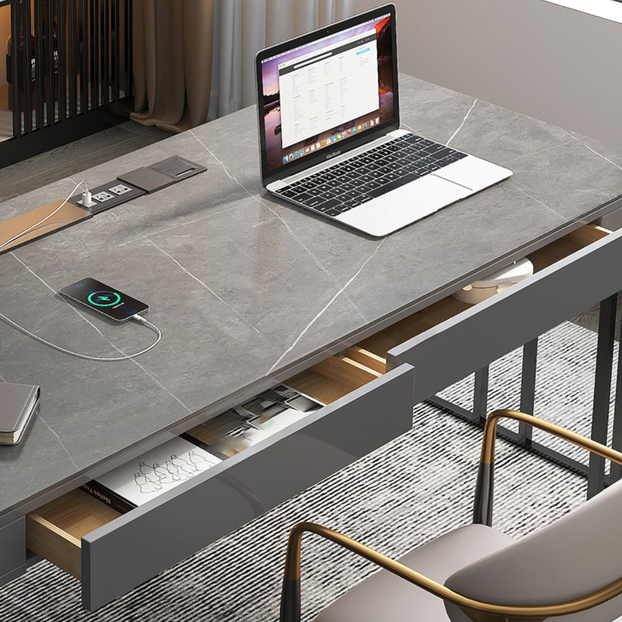 Donkere taupe en zwarte bureausteensteen en roestvrijstalen schrijfbureau met 2 laden