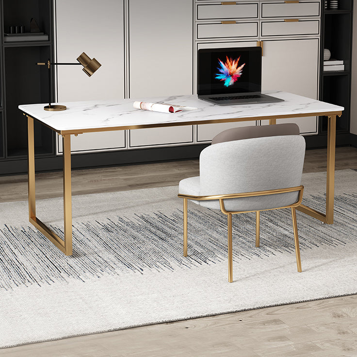 Glam Rectangular Writing Desk Home Stone Office Desk with Metal Legs 55.1"L x 31.5"W x 29.5"H White-Gray Clearhalo 'furn' 'furn_office_desk' 'Furniture' 'Office Desks' 'Office Furniture' 'office_desk' 6428577