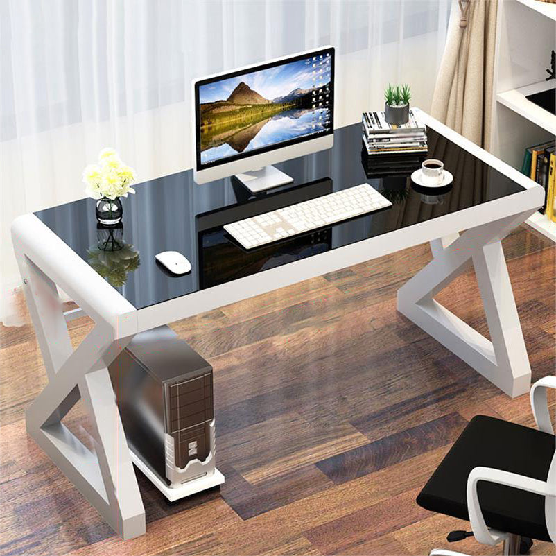 Rectangular Glass Top Office Desk Contemporary Computer Desk 55.1"L x 23.6"W x 29.5"H White Black Clearhalo 'furn' 'furn_office_desk' 'Furniture' 'Office Desks' 'Office Furniture' 'office_desk' 6428773