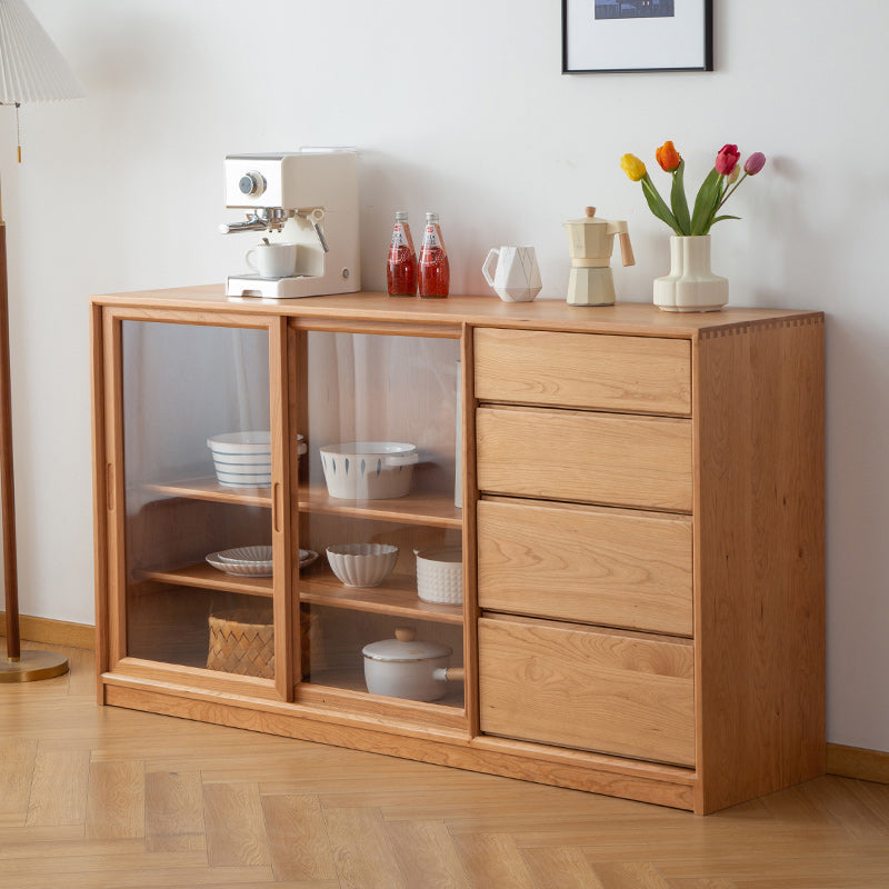 Scandinavian Pine Display Stand Glass Doors Storage Cabinet with Drawers for Living Room 55"L x 16"W x 35"H Clearhalo 'Display & China Cabinets' 'display_china_cabinets' 'furn' 'furn_display_china_cabinets' 'Furniture' 'Kitchen & Dining Furniture' 6432225