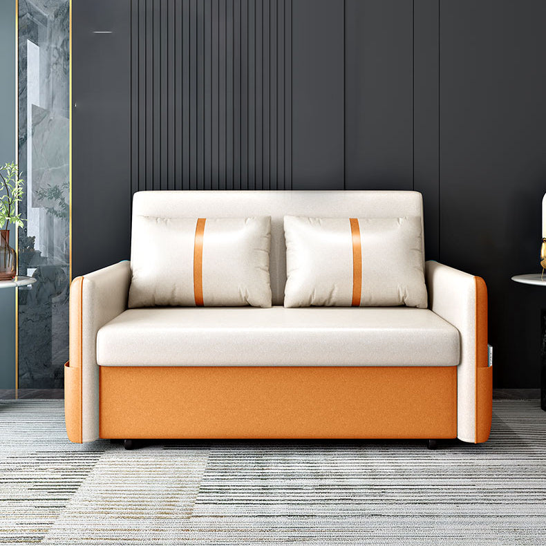 Convertible Stain Resistant Sofa Bed Faux Leather Seating in Orange and Beige