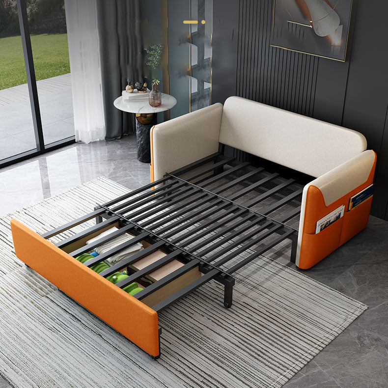 Convertible Stain Resistant Sofa Bed Faux Leather Seating in Orange and Beige