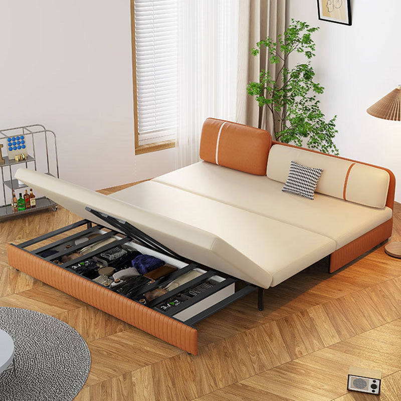 Faux Leather Convertible Sofa Bed Stain Resistant Seating in Beige and Orange