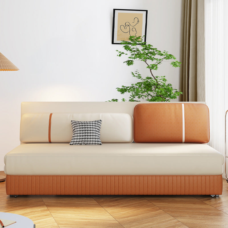 Faux Leather Convertible Sofa Bed Stain Resistant Seating in Beige and Orange