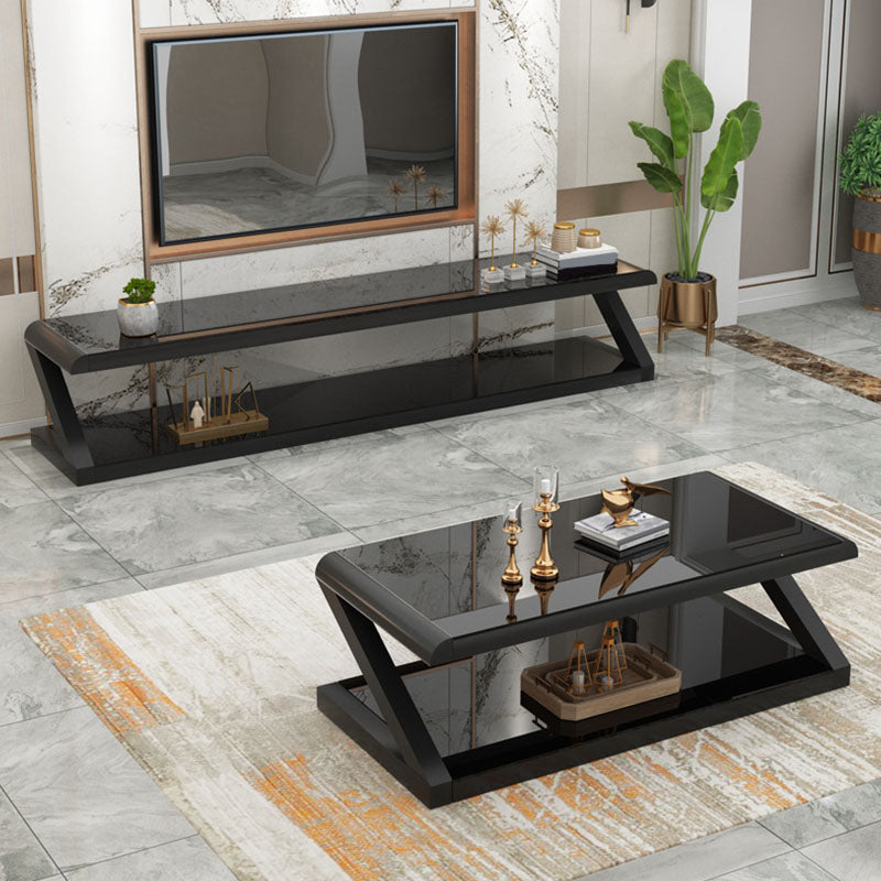 17.7"H Rectangle Glass Coffee Table Steel Abstract Base Cocktail Table with Shelf Clearhalo 'Coffee & Accent Tables' 'Coffee Tables' 'coffee_tables' 'furn' 'furn_coffee_tables' 'Furniture' 'Living Room Furniture' 6434409